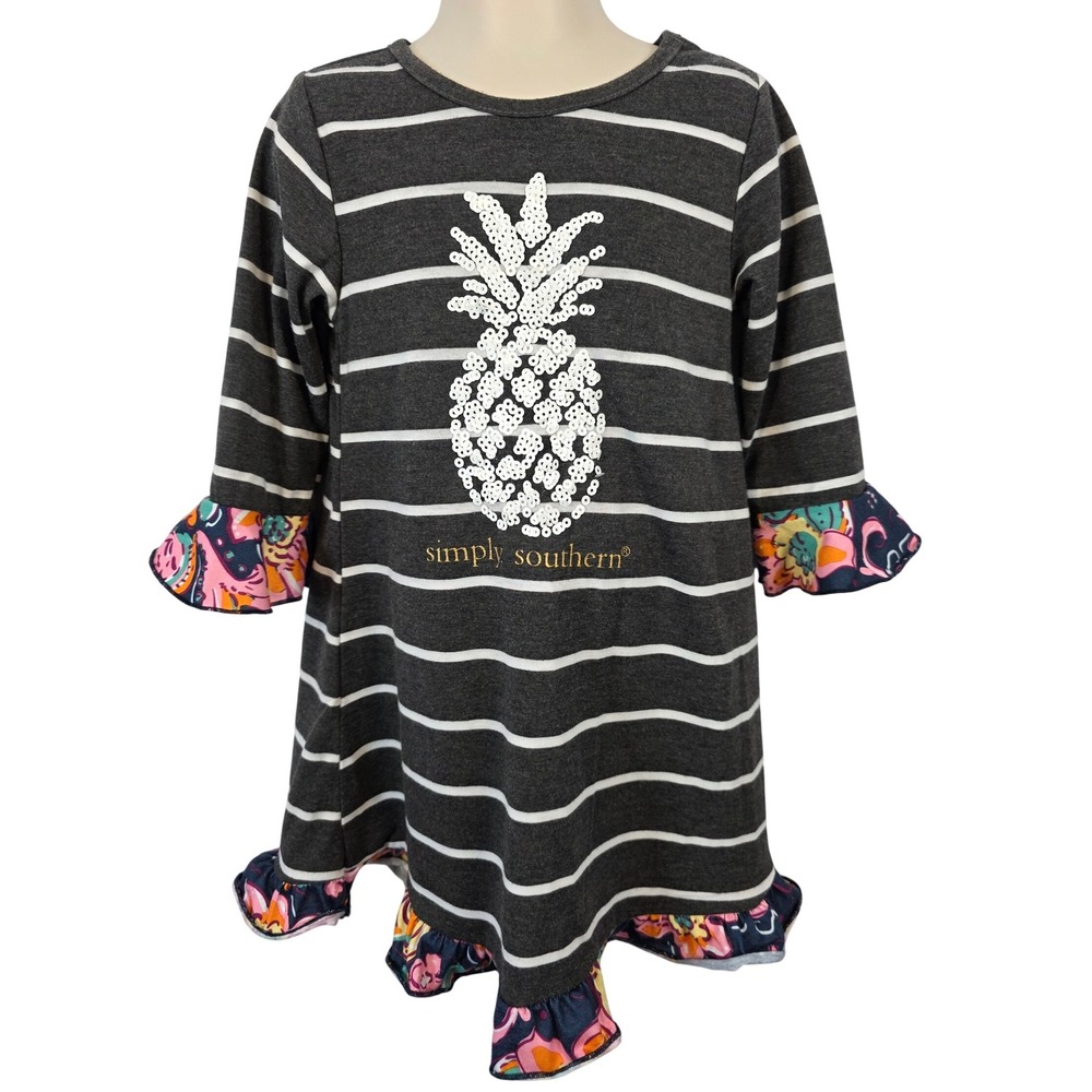 Simply Southern Toddler Girls Gray Stripe Sequin Pineapple Dress Size 3T / B25